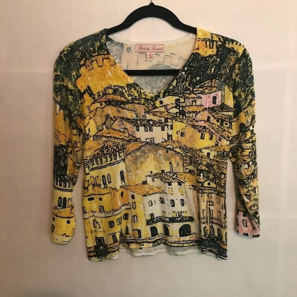 Roberta Fratelli Small Italian Village Print V Neck Sweater 3/4 Sleeves - Picture 1 of 5